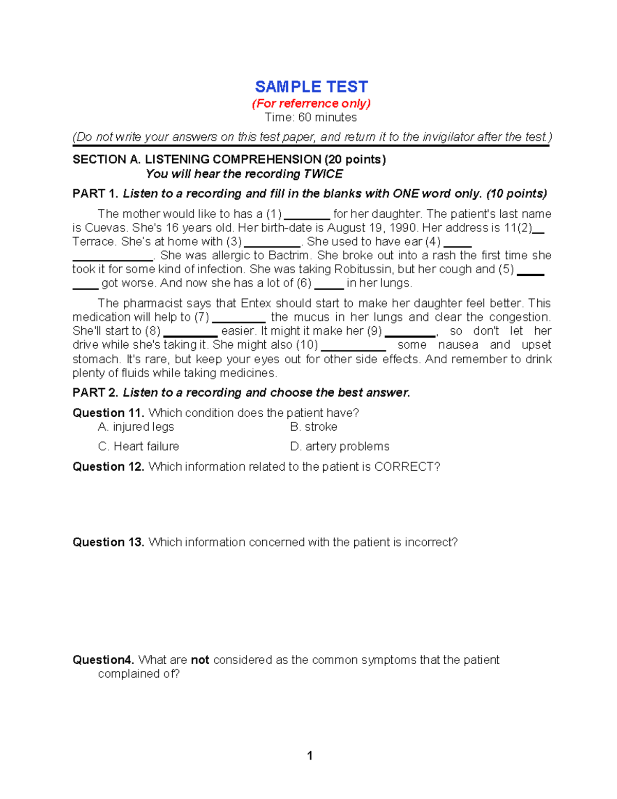 SAMPLE TEST: Listening & Vocabulary Comprehension (Course Code: XXXX ...