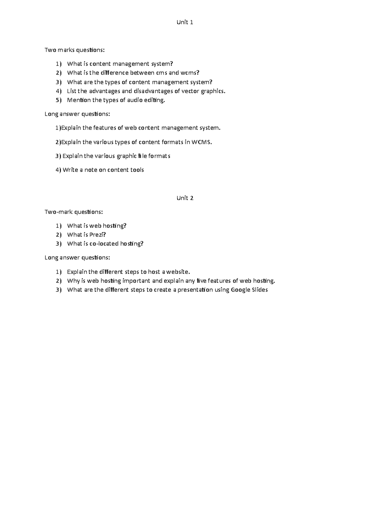WCMS Imp - Unit 1 & 2 Questions and Answers for Exam Prep - Studocu