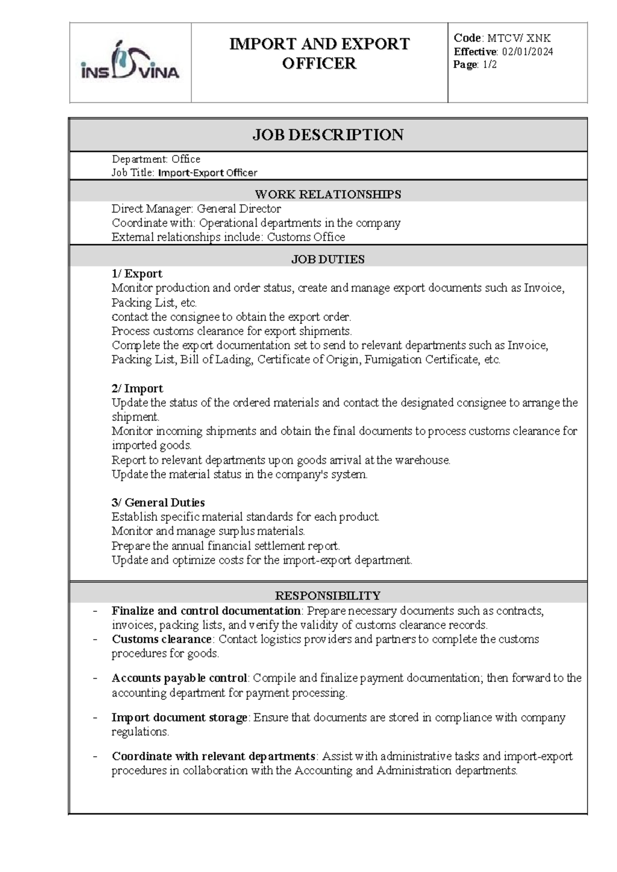 Job Description: Import and Export Officer (XNK) - Studocu