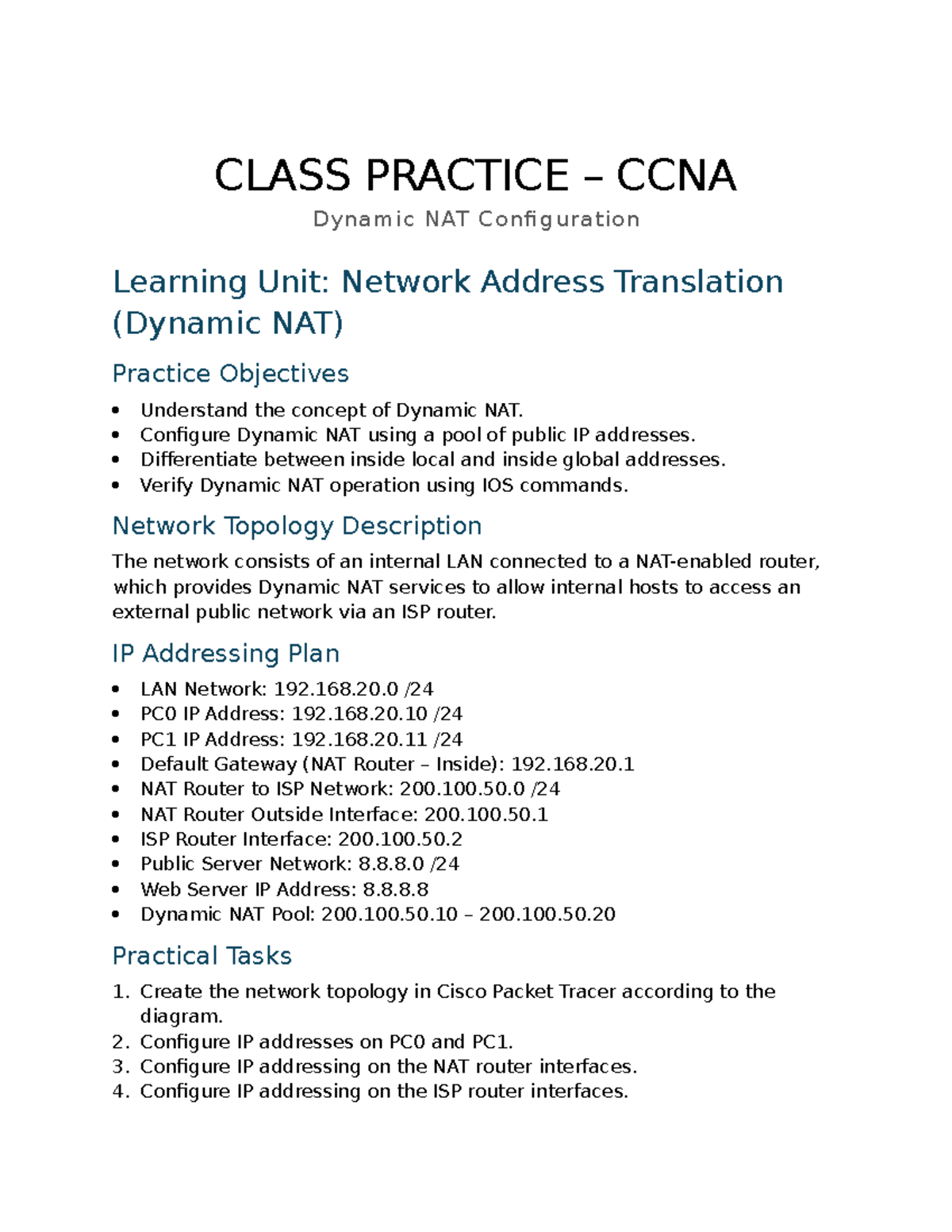 CCNA Dynamic NAT Configuration Class Practice Guide - Studocu