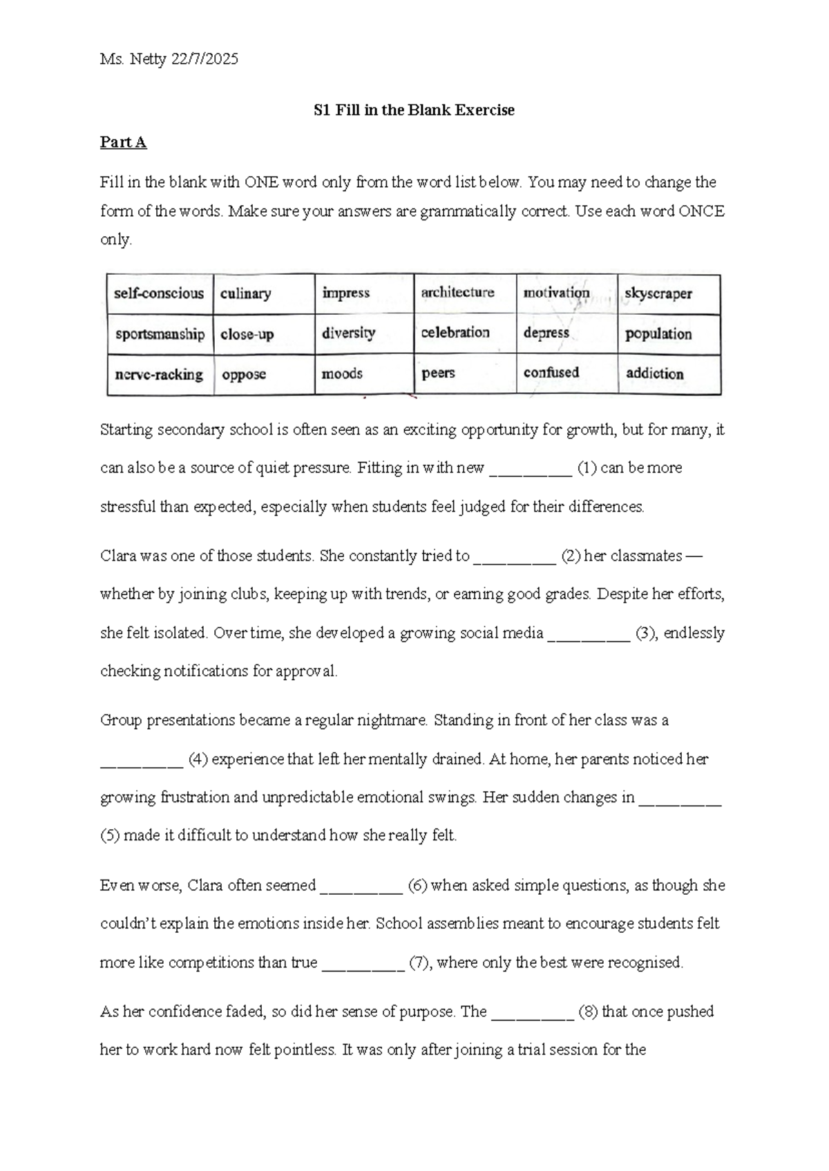 Ms. Netty S1 Fill in the Blank Exercise: Growth & Challenges - Studocu