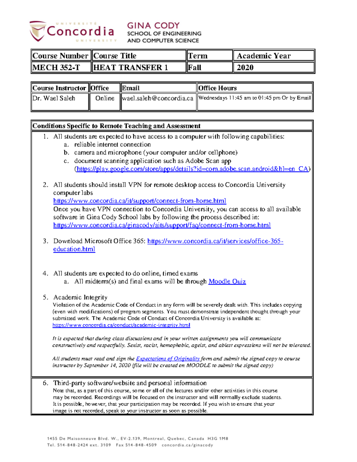 MECH 352: Heat Transfer Course Outline - Fall 2020 - Studocu