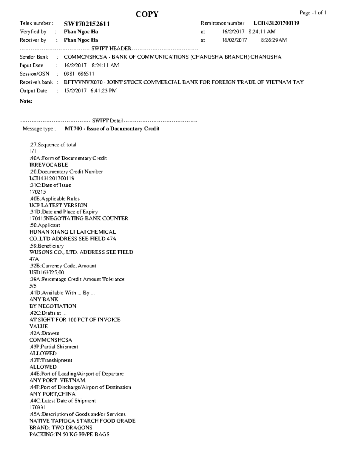 9. Letter of Credit - Chúc các bạn học tốt - Telex number : at Receive ...