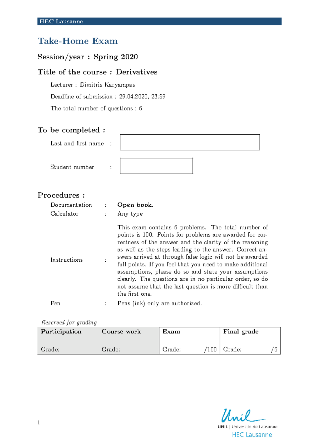 Derivatives (FIN 301) Spring 2020 Take-Home Exam Paper - Studocu