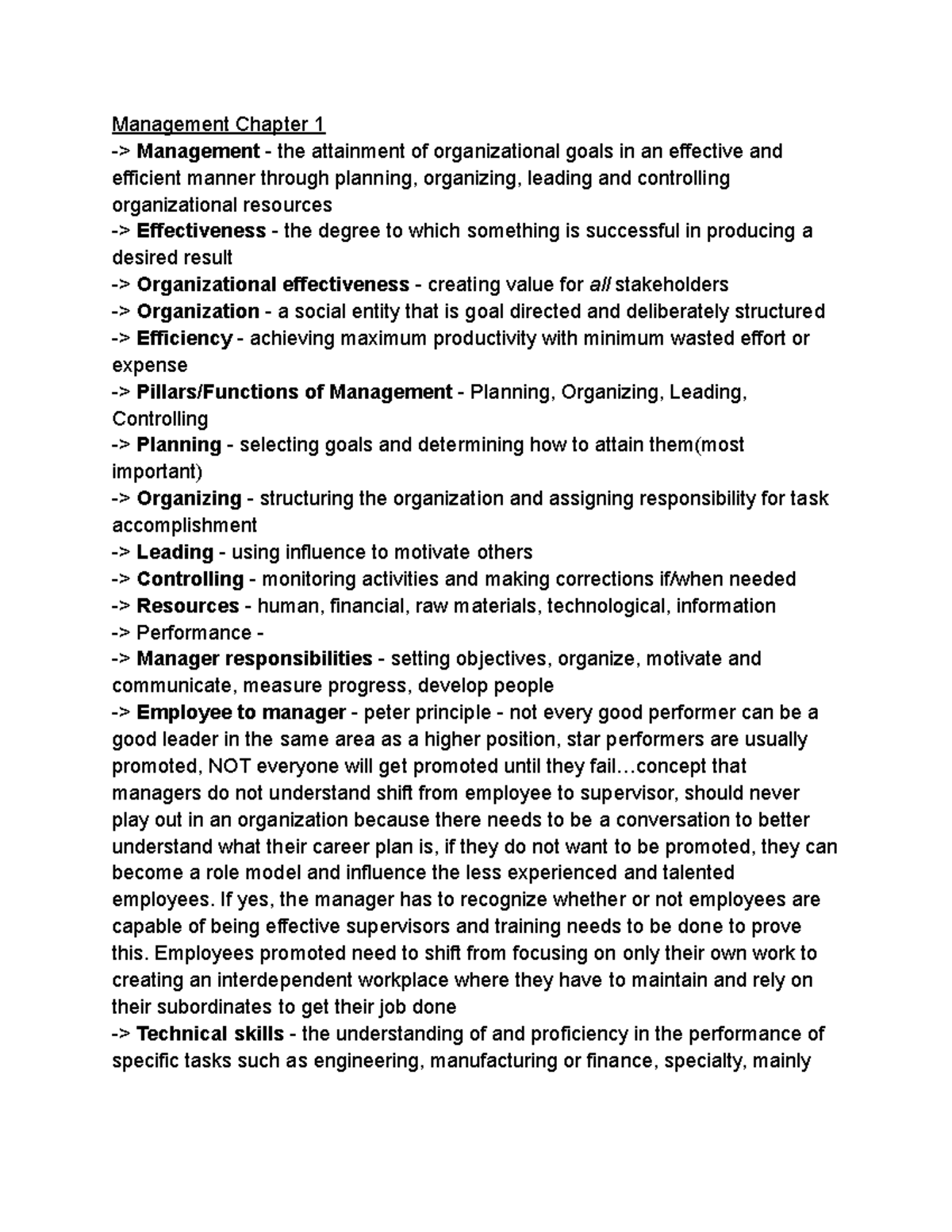 BUS 307 Ch 1 Notes - Management Chapter 1 -> Management - the ...