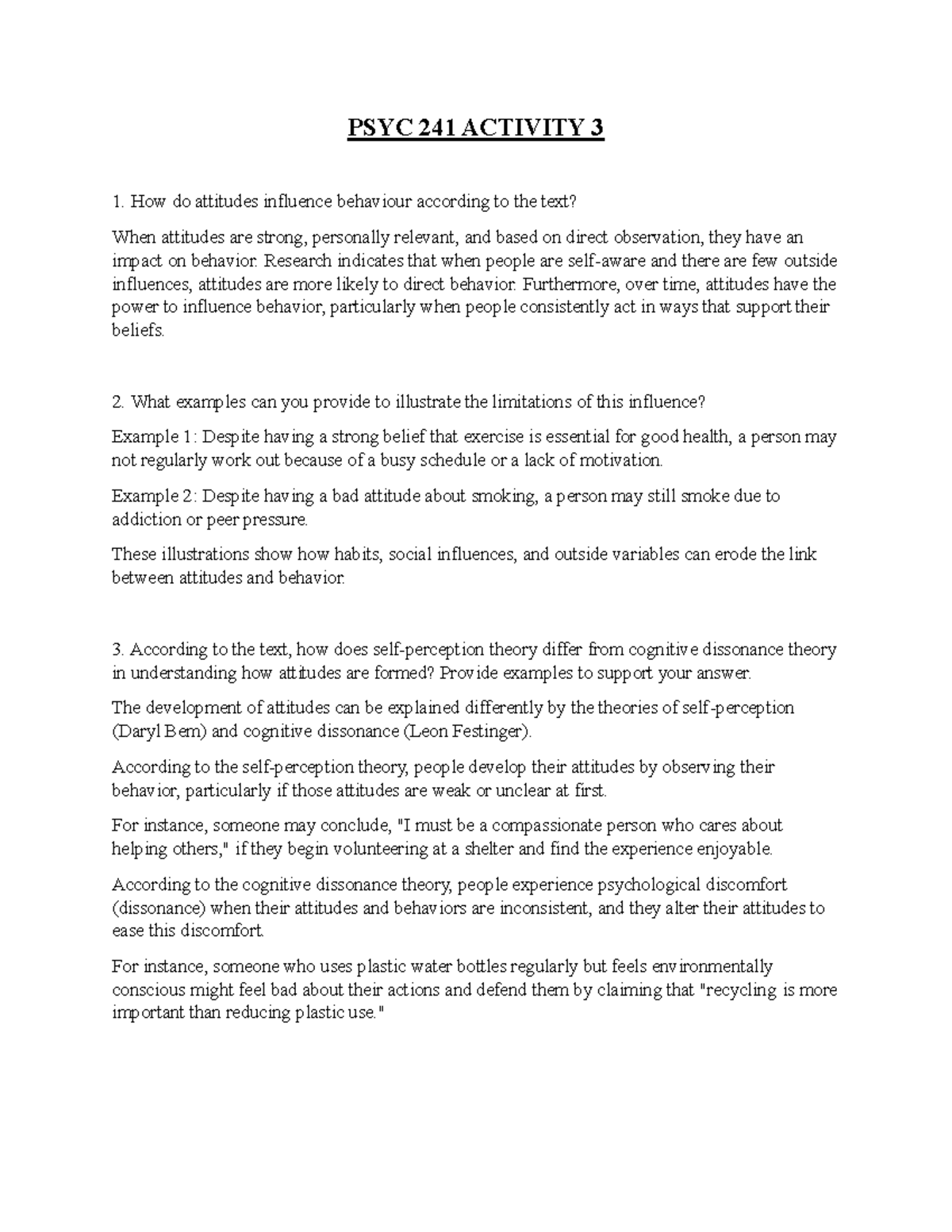 PSYC 241 Activity 3: Attitudes and Their Influence on Behavior - Studocu