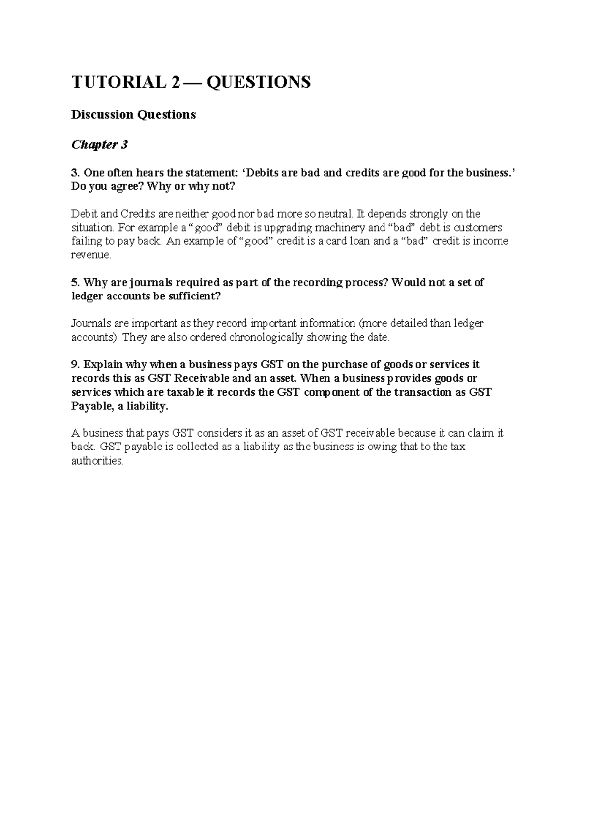 Tutorial 2 Questions - TUTORIAL 2 — QUESTIONS Discussion Questions ...