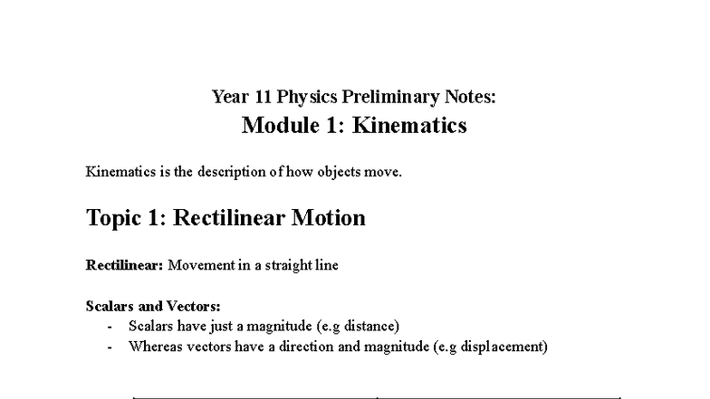 Year 11 Physics Preliminary Notes: Mod 1 - Kinematics Overview - Studocu