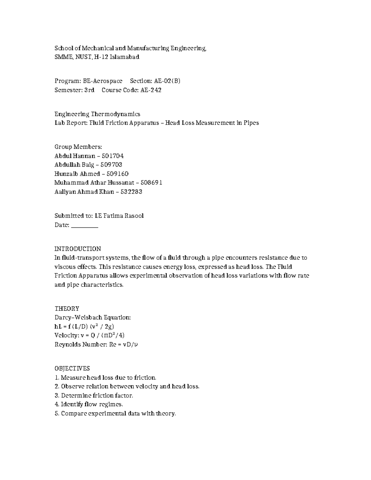 Fluid Friction Lab Report: Head Loss Measurement in Pipes - SMME 3rd ...