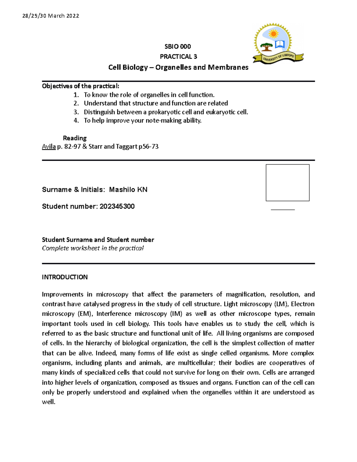 Prac 3 Cell Biology - SBIO 000 PRACTICAL 3 Cell Biology – Organelles ...