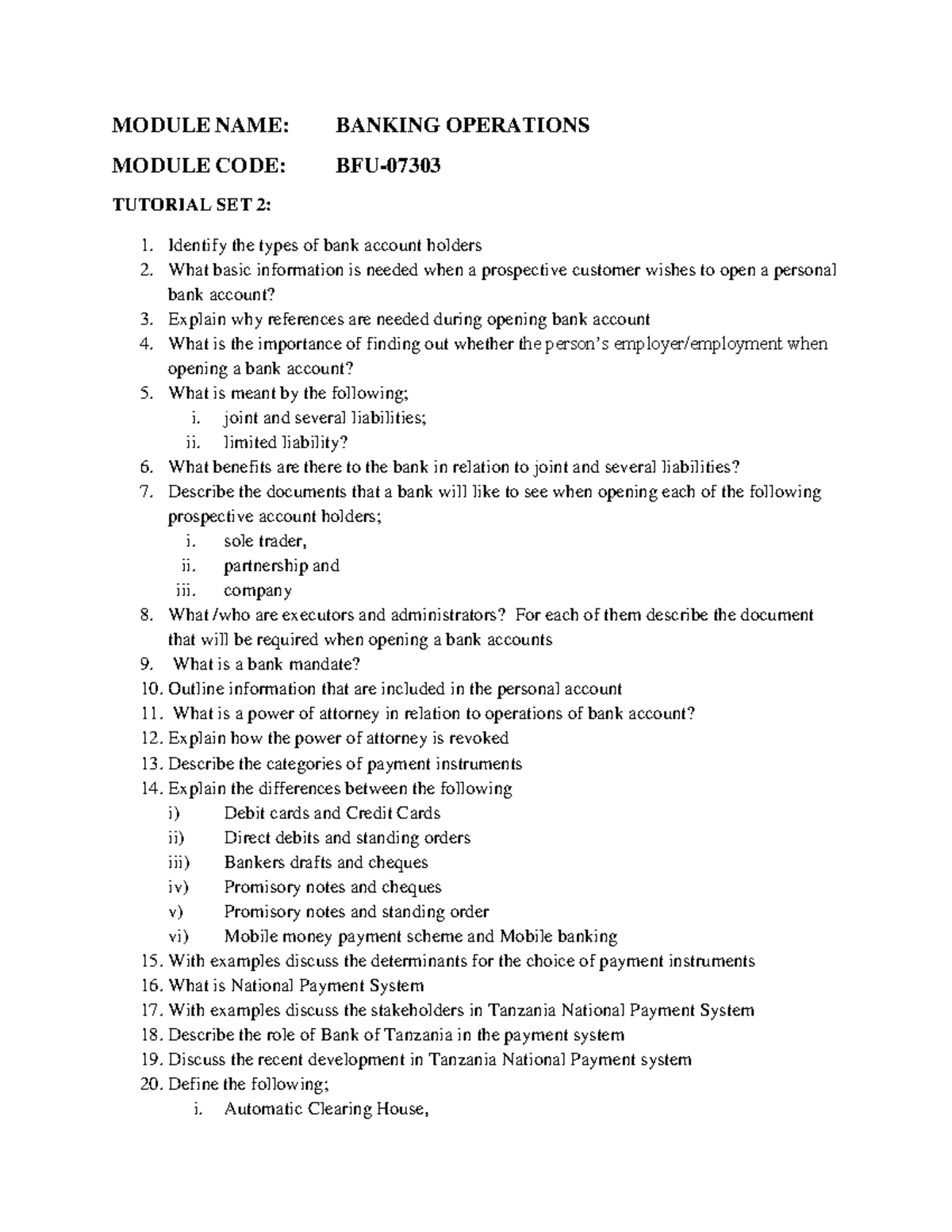 BANKING OPERATIONS TUTORIAL SET 2: Key Questions & Answers - Studocu