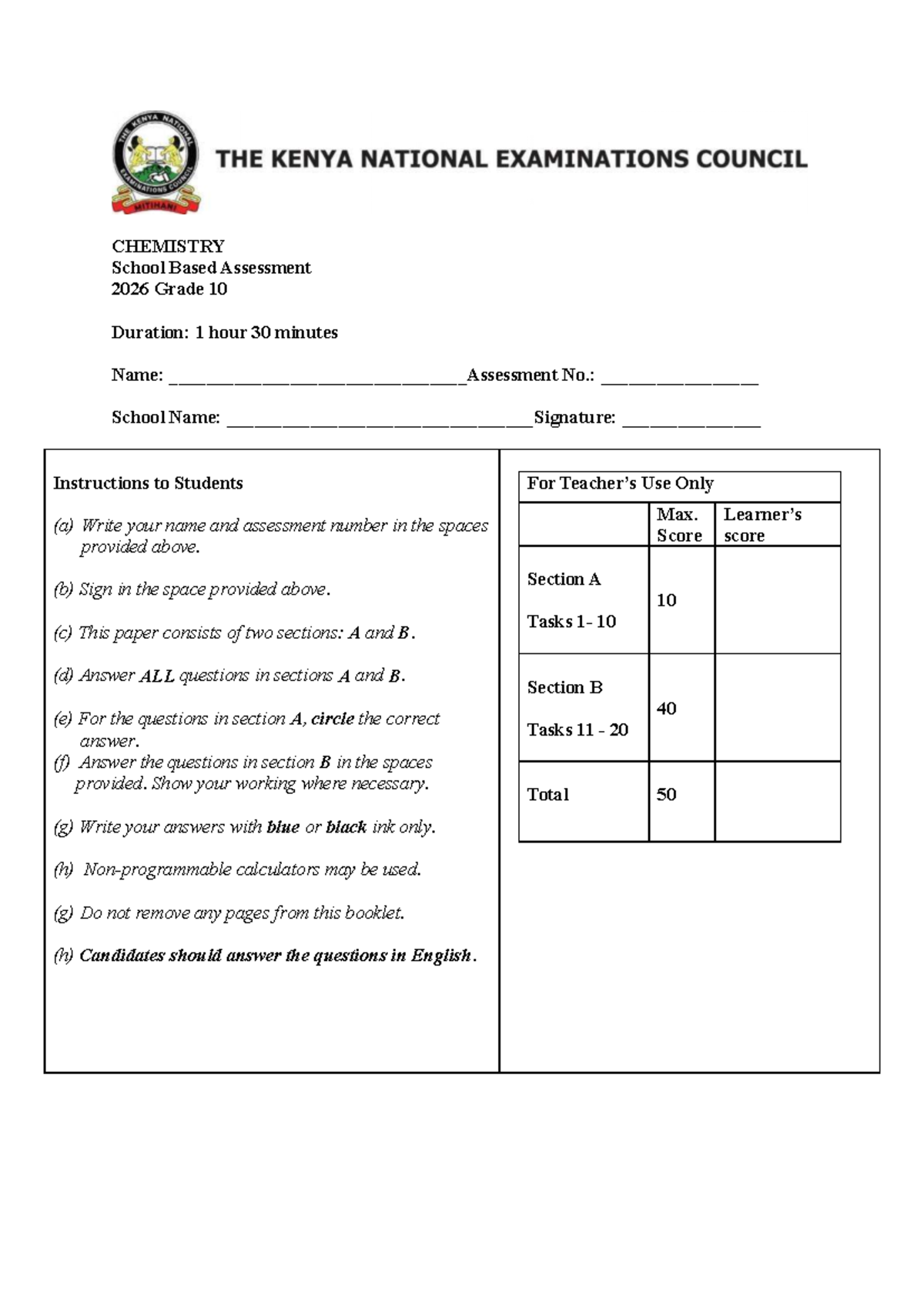 Grade 10 Chemistry SBA QP 2026 - Written Test Set 1 - Studocu