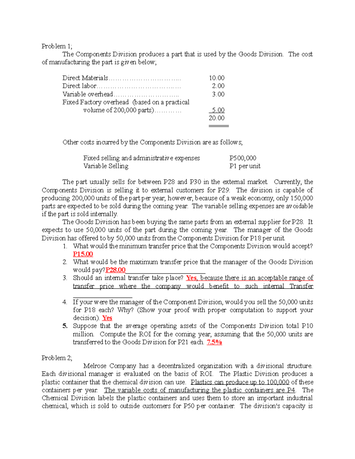 Sample Practice Exam Transfer Pricing Problems - September 2019 - Studocu