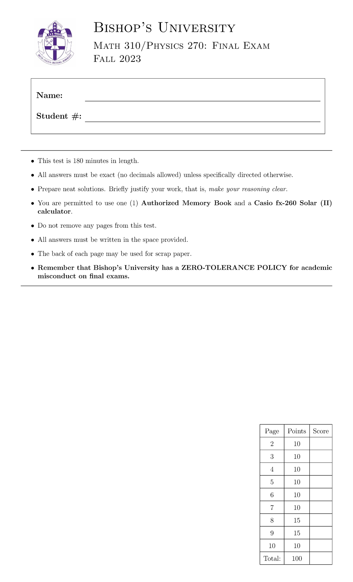 M310 exam 2023f - M310 exam 2018 fall - Bishop’s University Math 310 ...