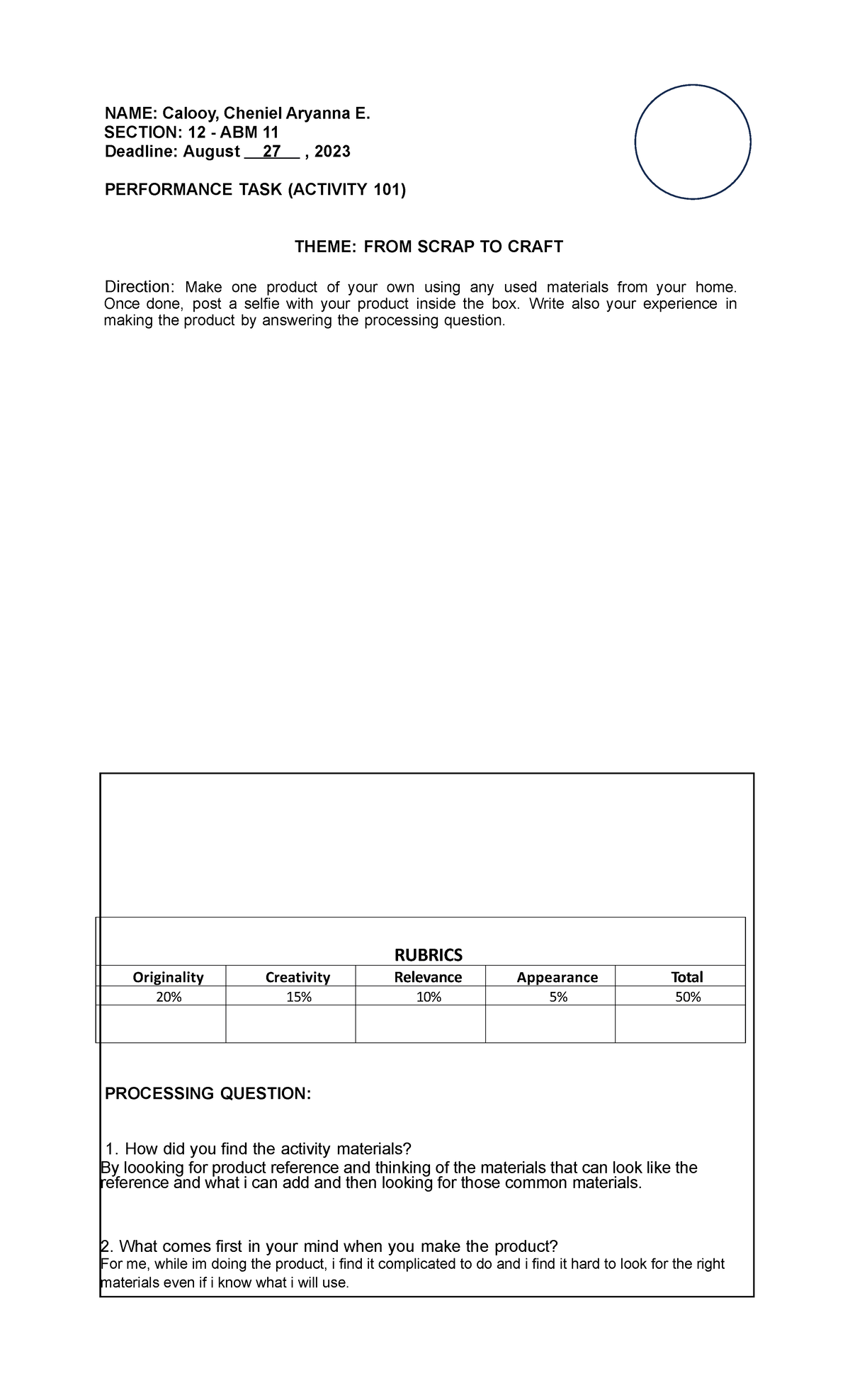 Performance TASK Activity 101 - NAME: Calooy, Cheniel Aryanna E ...