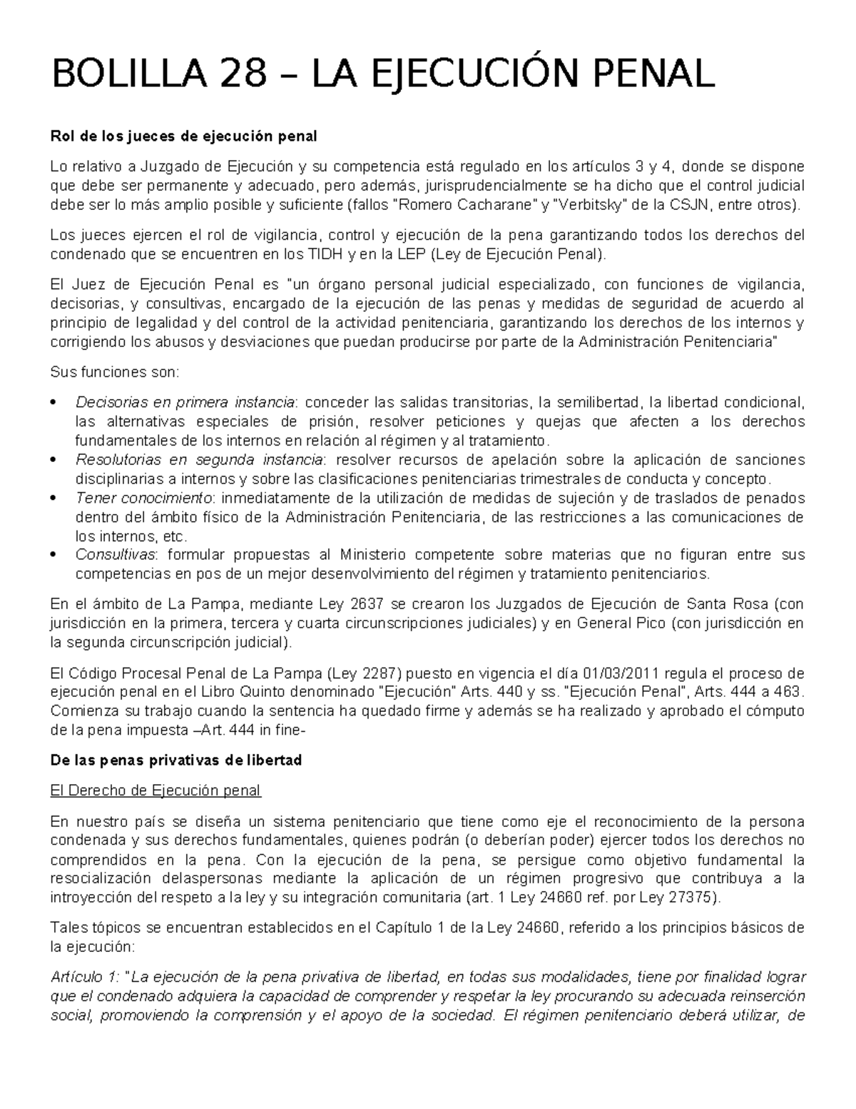 Bolilla 28: Ejecución Penal y el Rol de los Jueces en La Pampa - Studocu