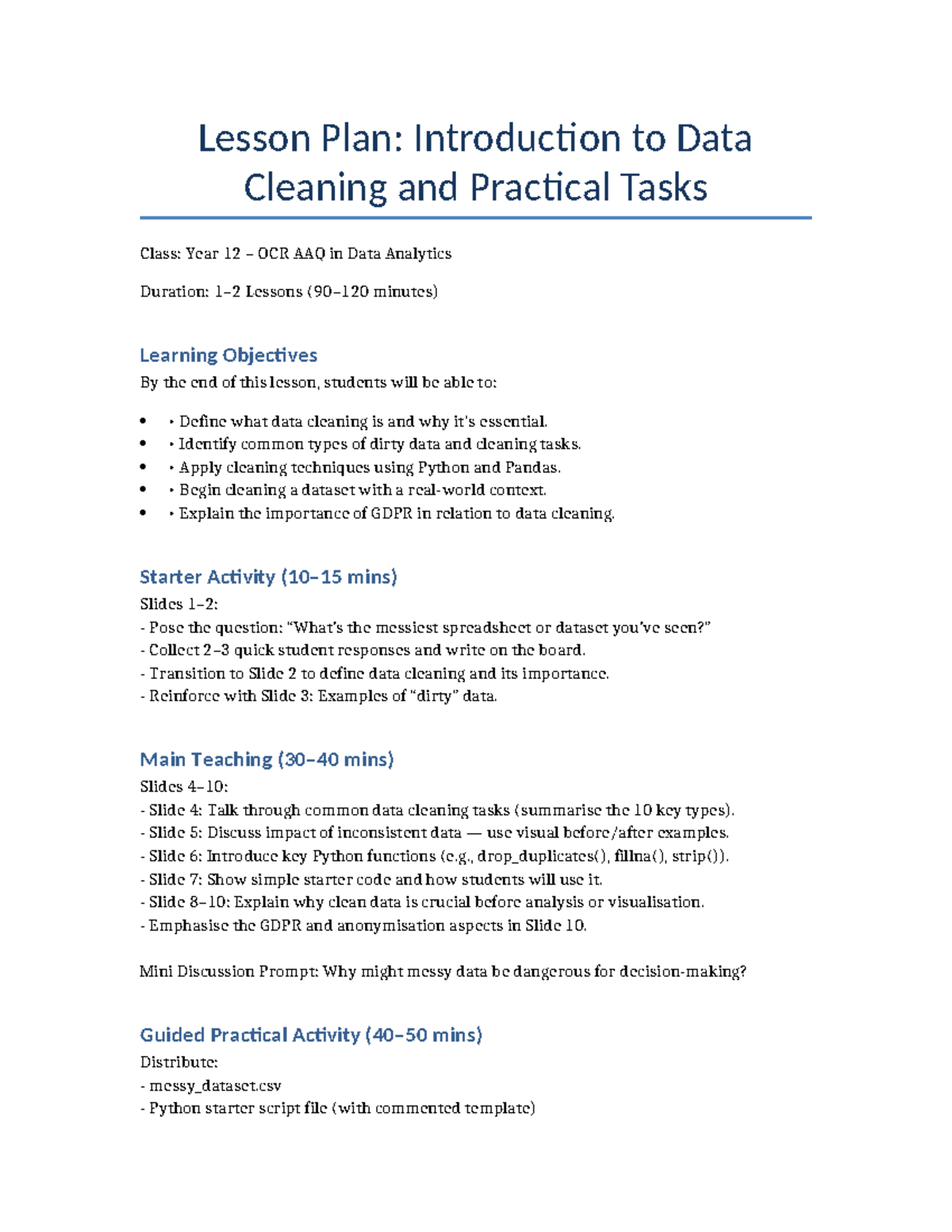 Year 12 OCR AAQ Data Analytics Lesson Plan: Data Cleaning Techniques ...