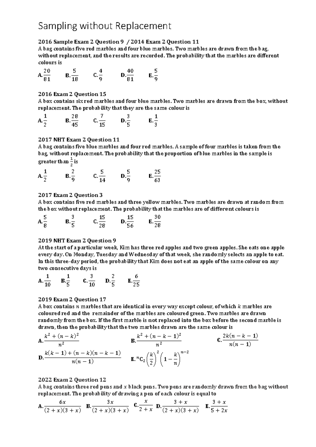 Sampling Without Replacement: Exam Questions & Solutions (2016-2022 ...
