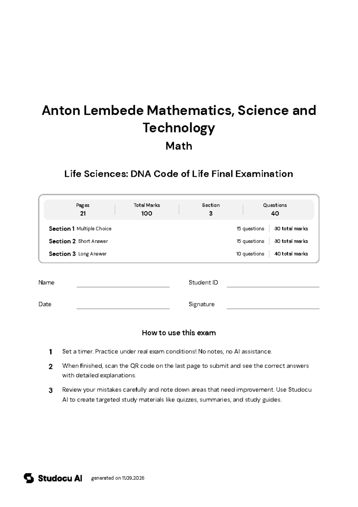 Life Sciences Grade 12 DNA Code of Life Final Exam - Studocu