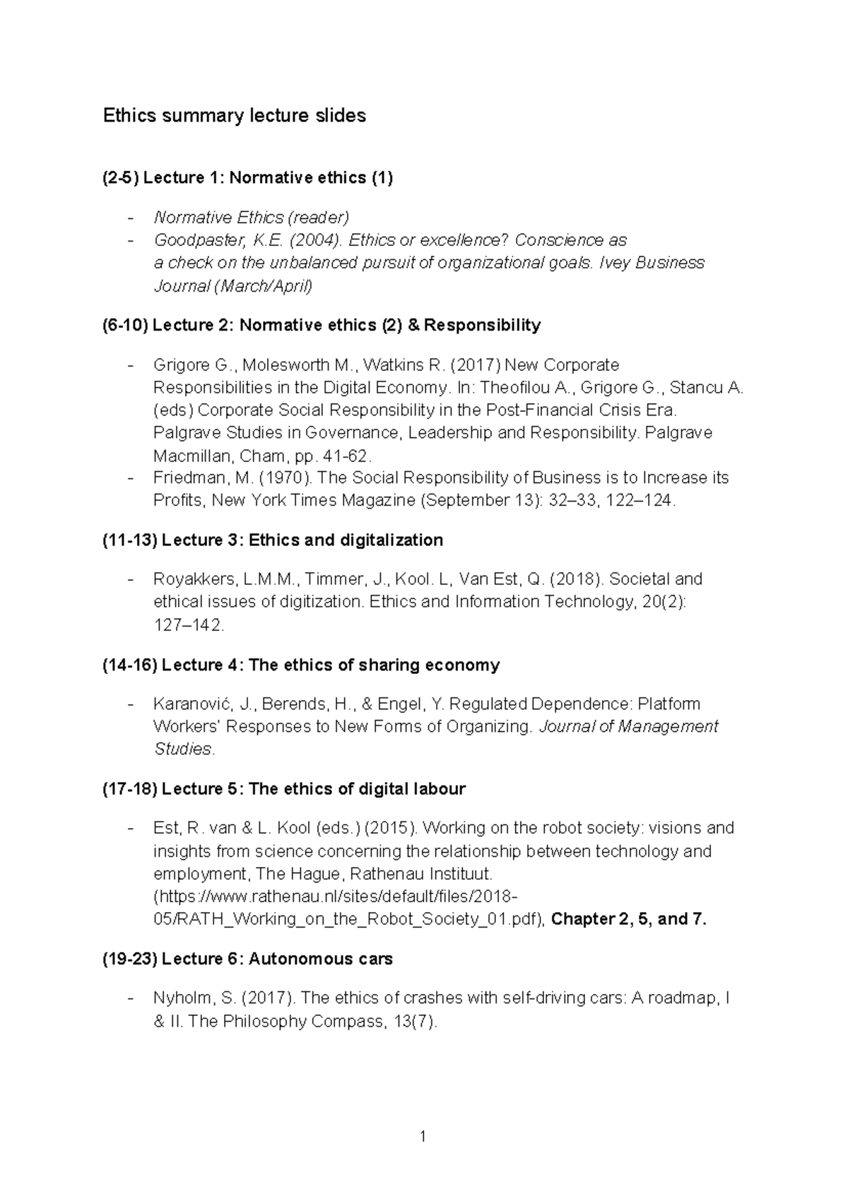 Ethics Summary Lecture Slides (Course Code: 2-5) Review Notes - Studeersnel