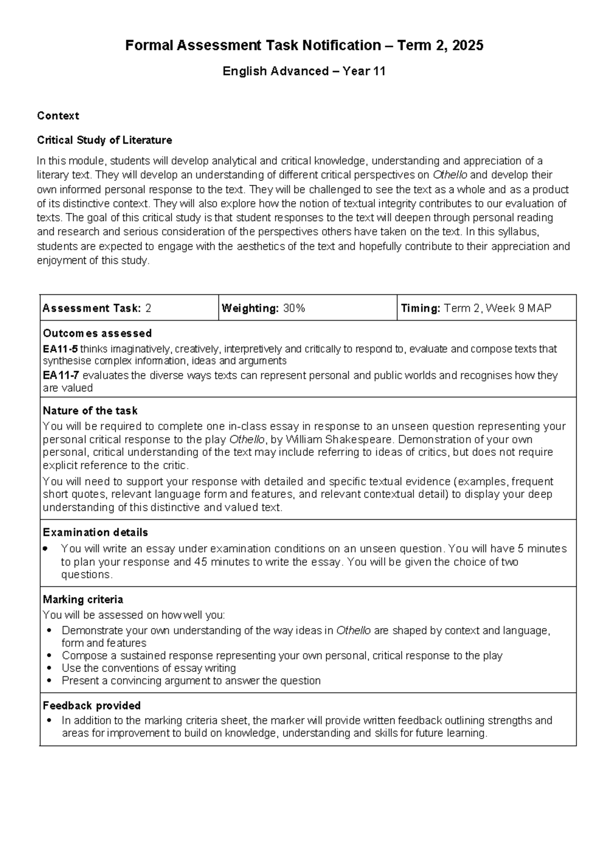 Year 11 English Advanced: Critical Study of Othello Assessment Task 2 ...