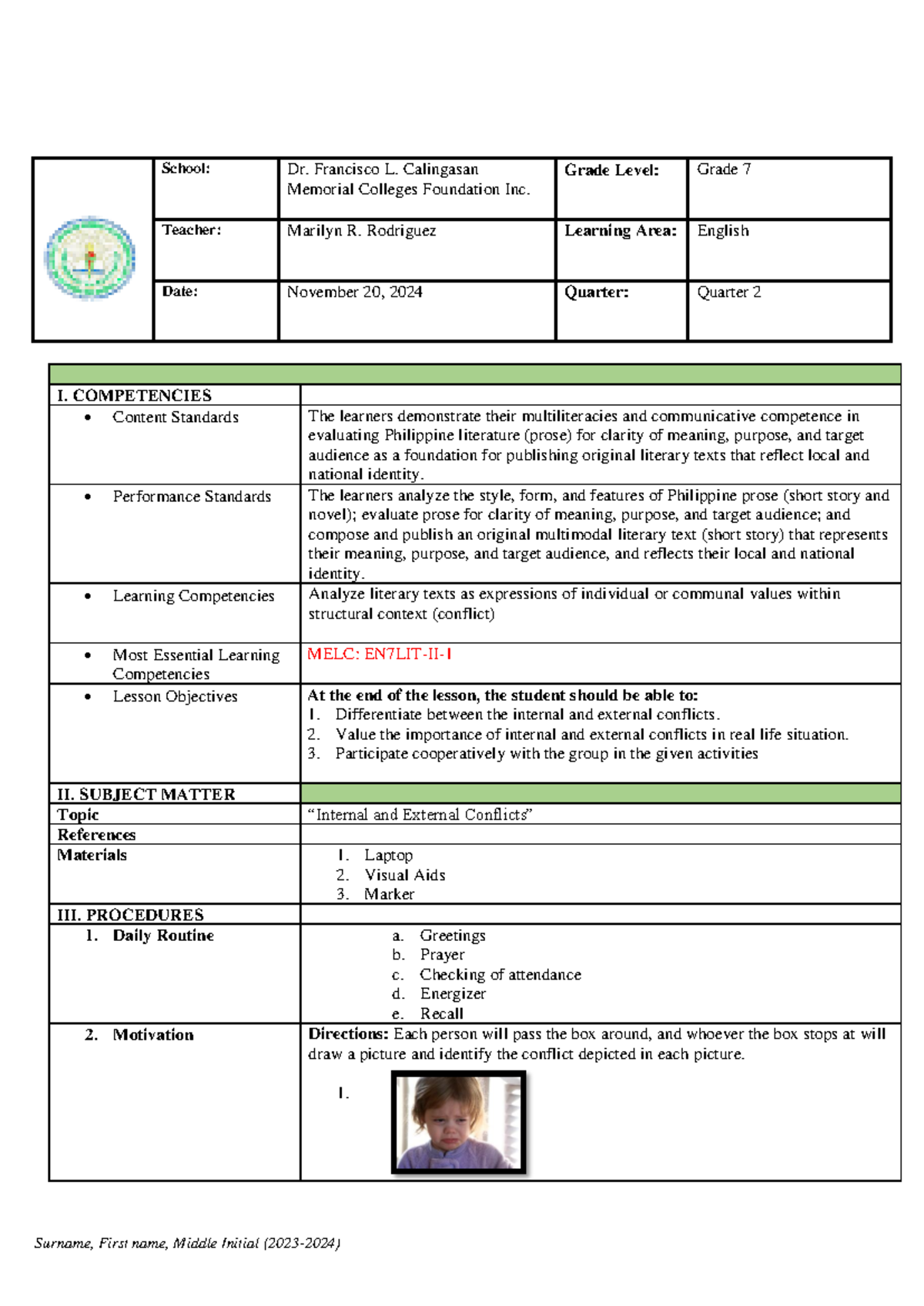 Grade 7 English Lesson Plan: Understanding Internal & External ...
