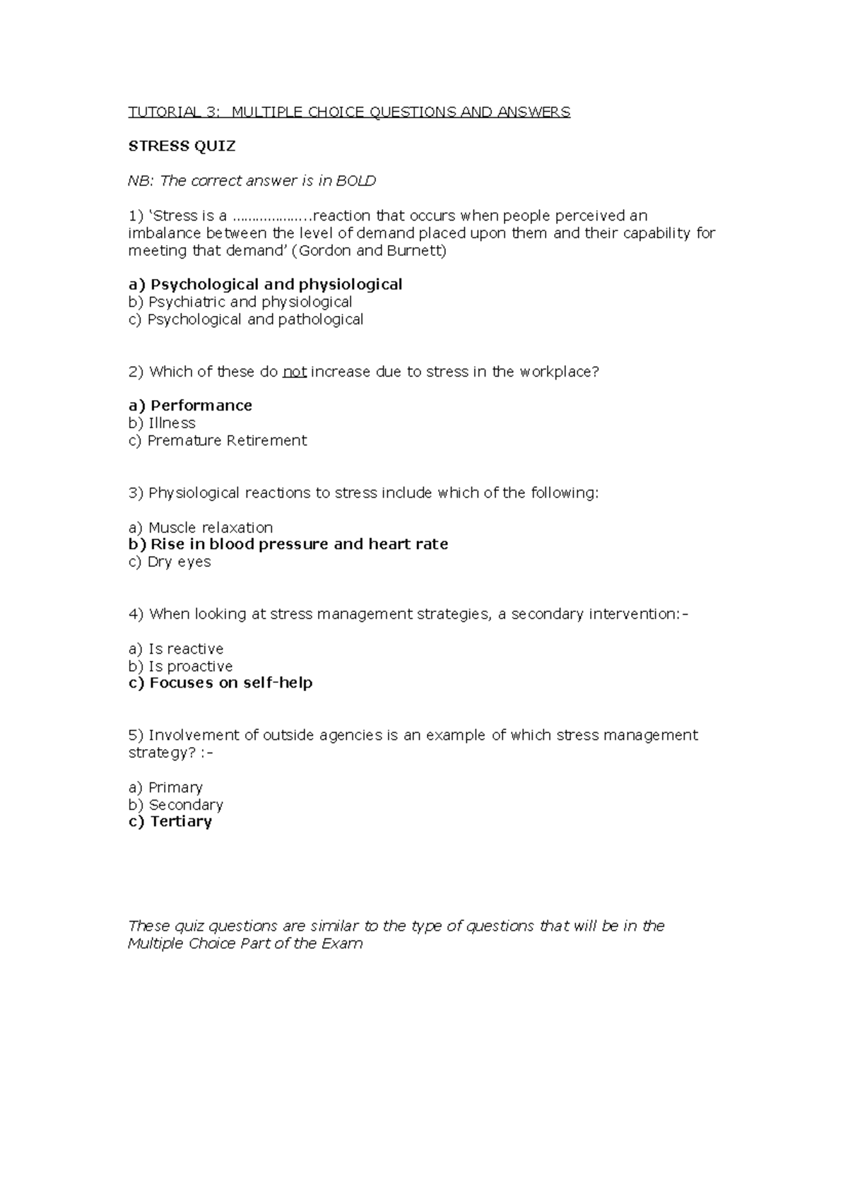 Quiz 3: Stress Multiple Choice Questions & Answers for Exam Prep - Studocu
