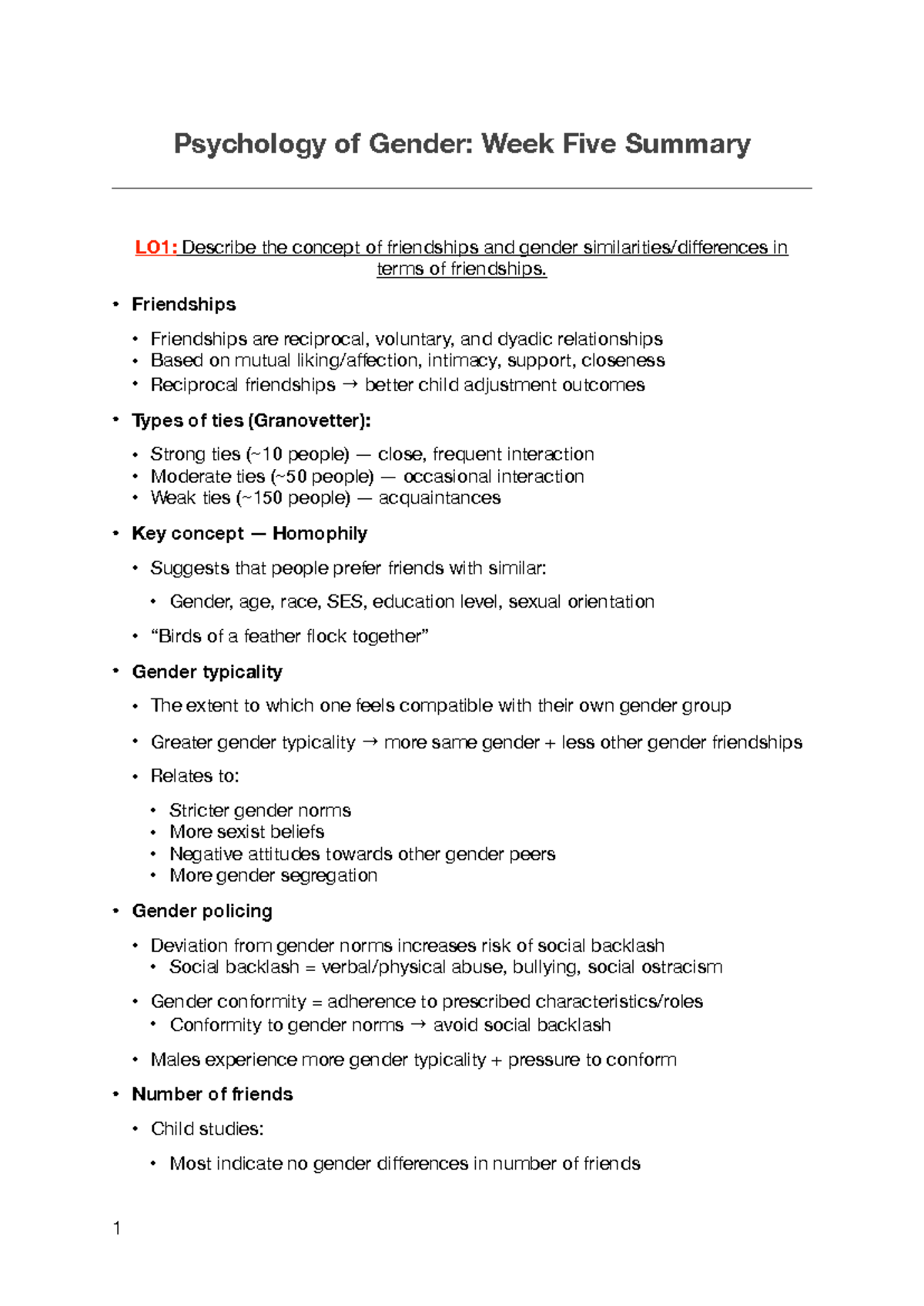 Psychology of Gender: Week 5 Notes on Friendships and Differences - Studocu