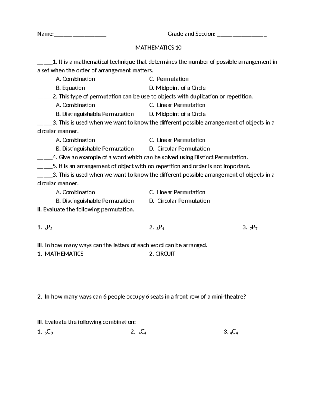 Long quiz in Mathematics 10 - Name:_________________ Grade and Section ...