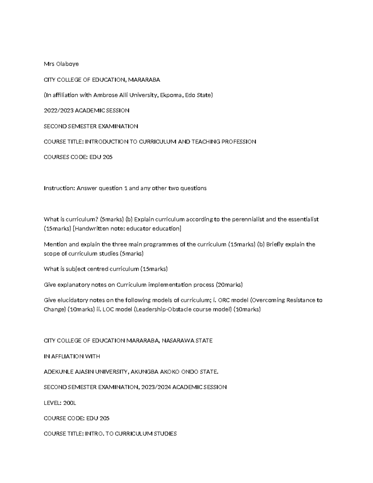 EDU 205 - Introduction to Curriculum Studies: Second Semester Exam ...