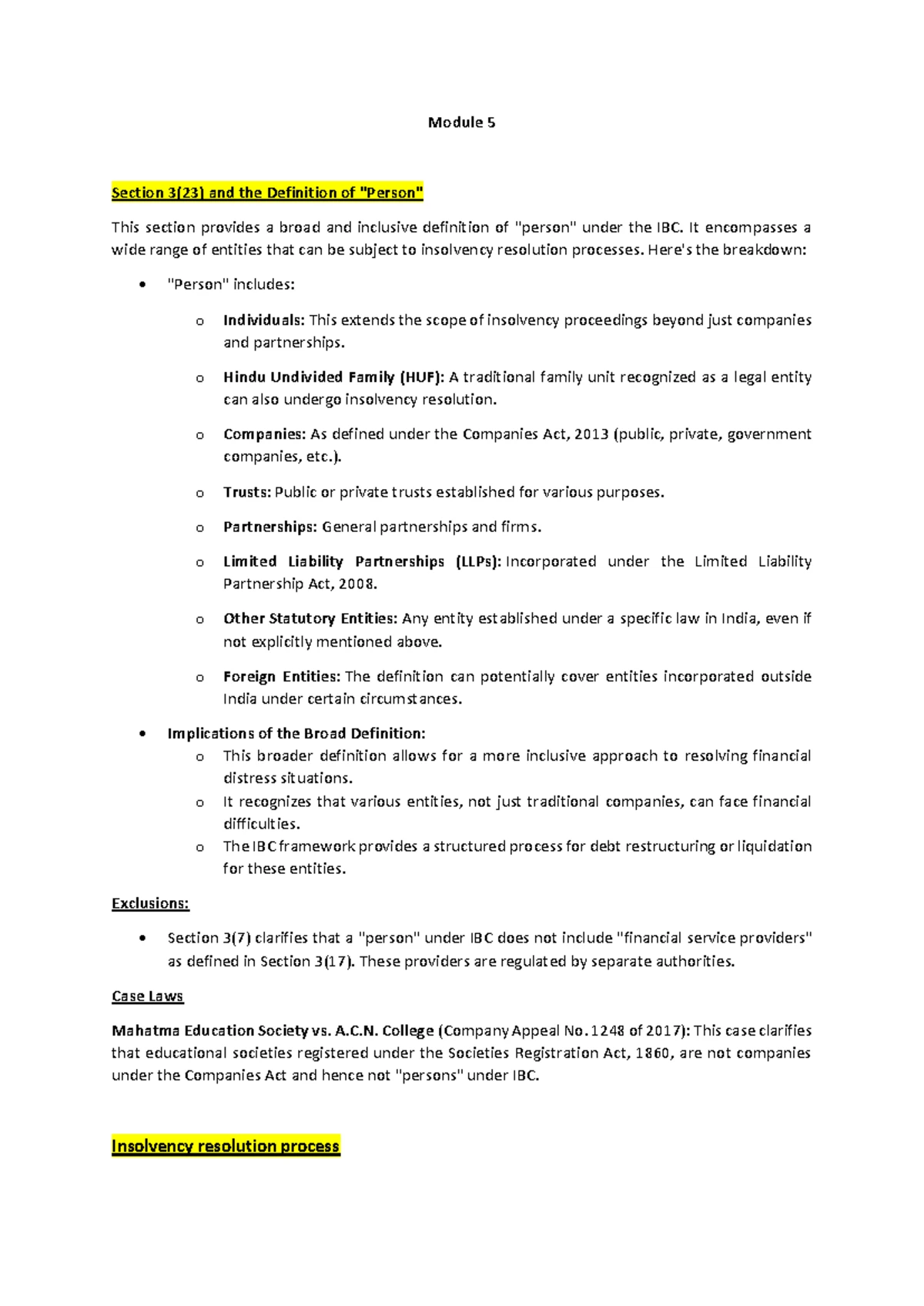 Module 2 - IBC Notes: Understanding the Insolvency Framework - Studocu