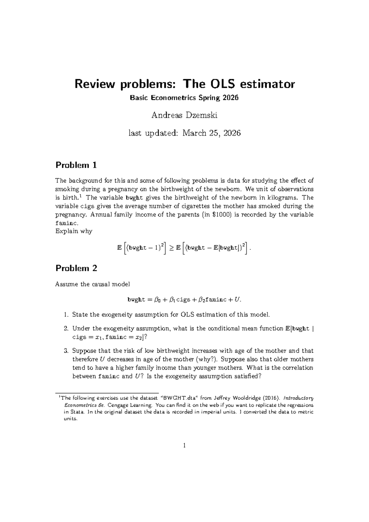 Review Problems: OLS Estimator - Basic Econometrics (Spring 2026) - Studocu