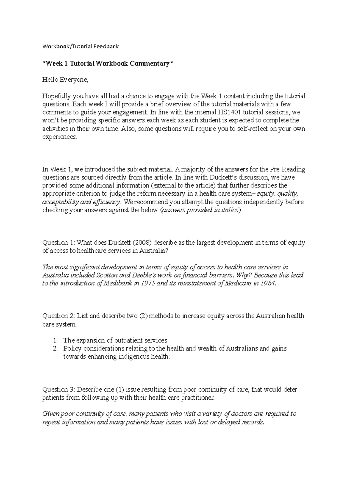 HS1401 Tutorial Feedback Notes - Workbook/Tutorial Feedback Week 1 ...