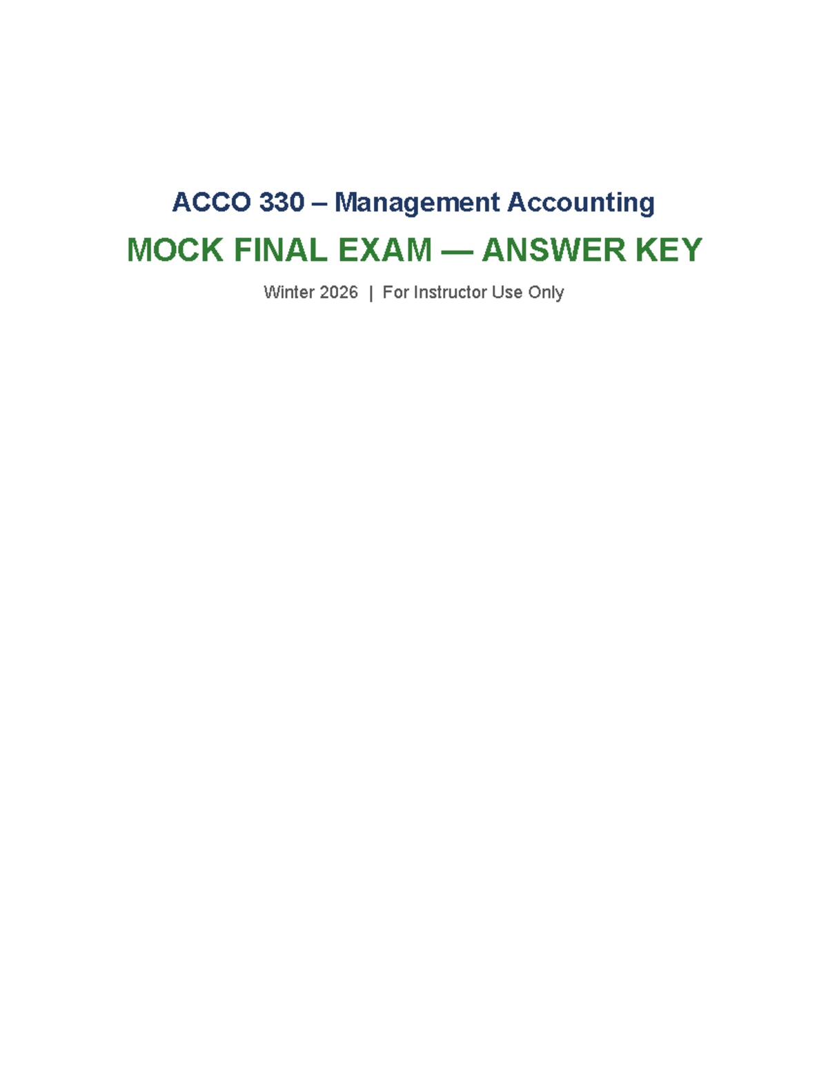 ACCO 330 Management Accounting Mock Final Exam Answer Key Winter 2026 ...