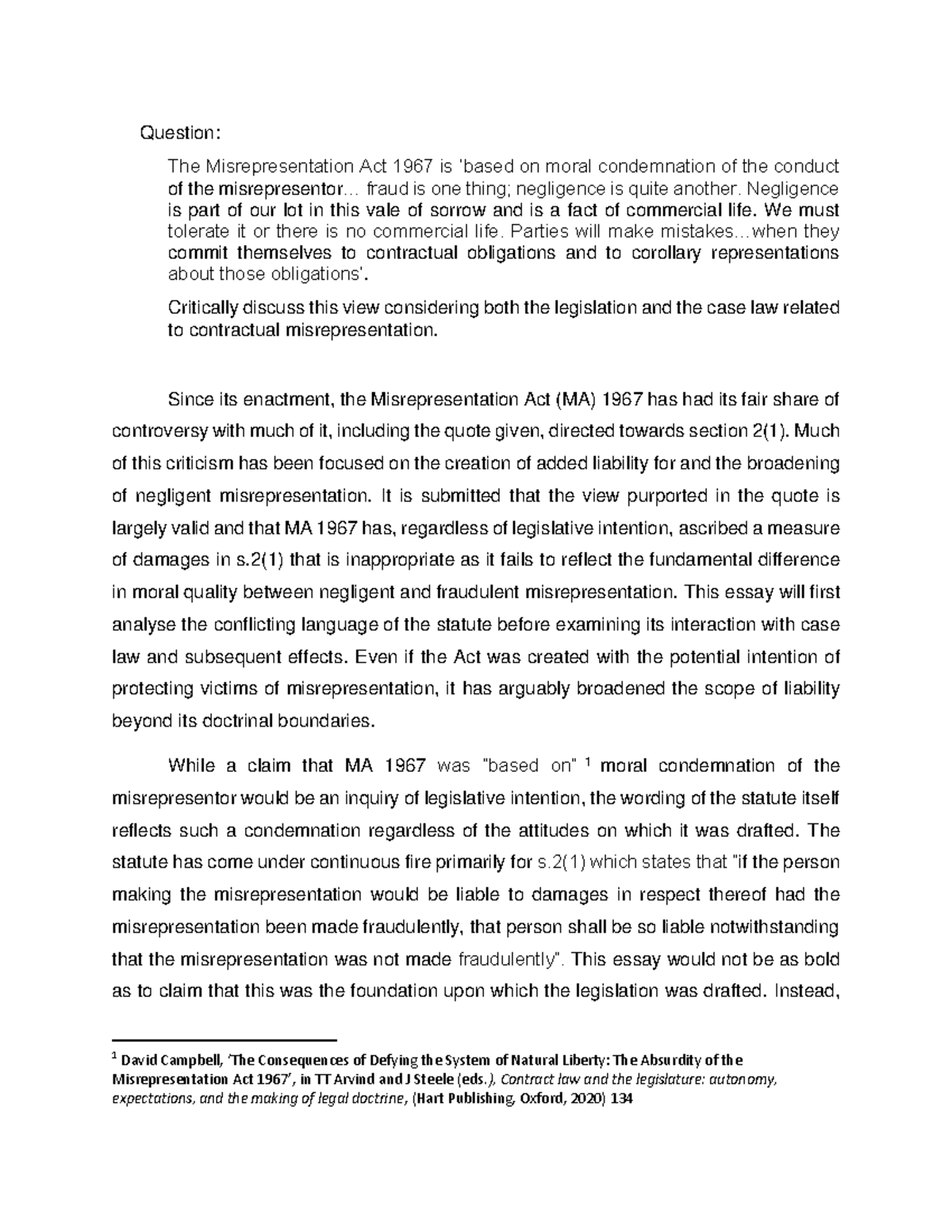 Coursework 2022 misrepresentation essay Example A - Question: The ...