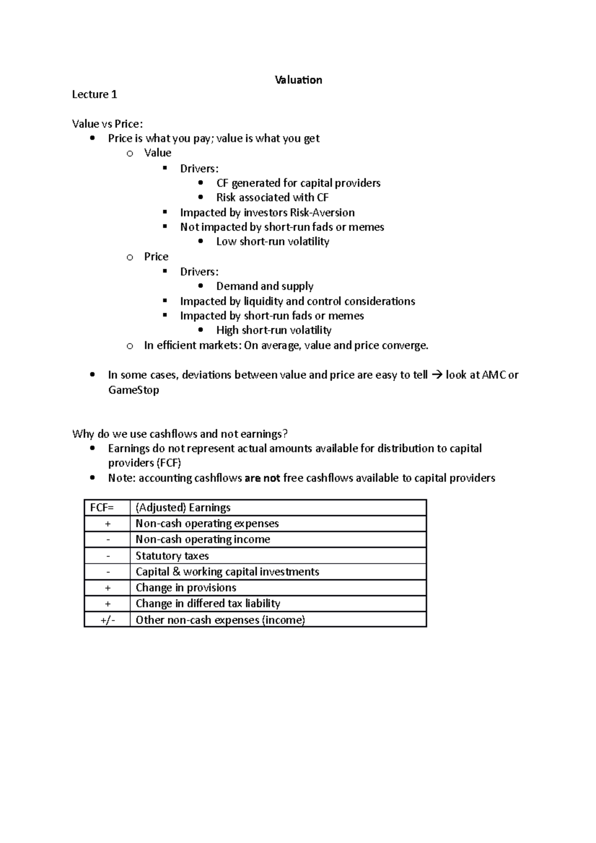 Valuation Lecture Notes: Key Concepts and Adjustments (Course Code ...