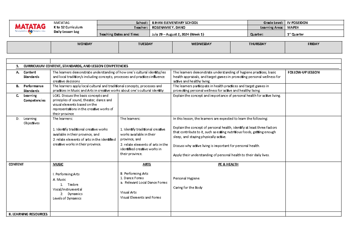 Matatag DLL Week 1 MAPEH G4: Curriculum Content and Learning Activities ...