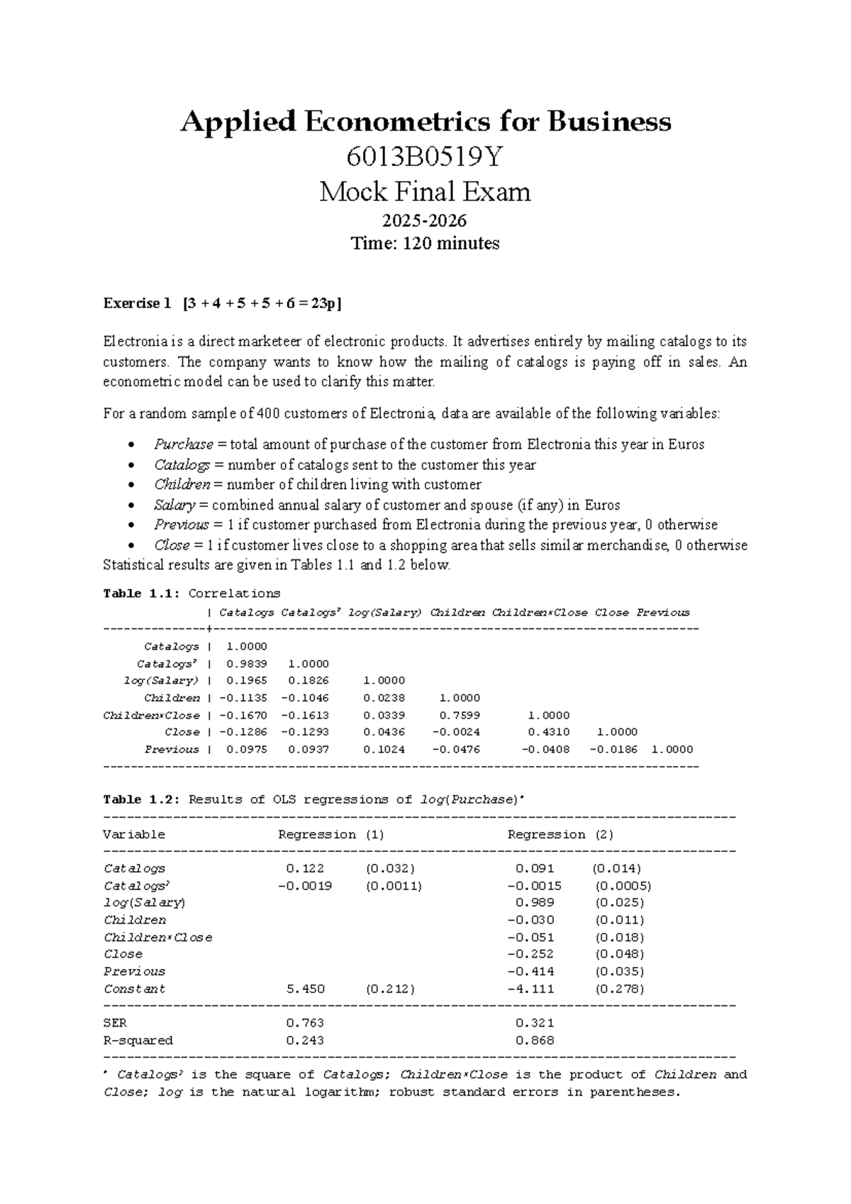 Applied Econometrics for Business 6013B0519Y Final Mock Exam Questions ...