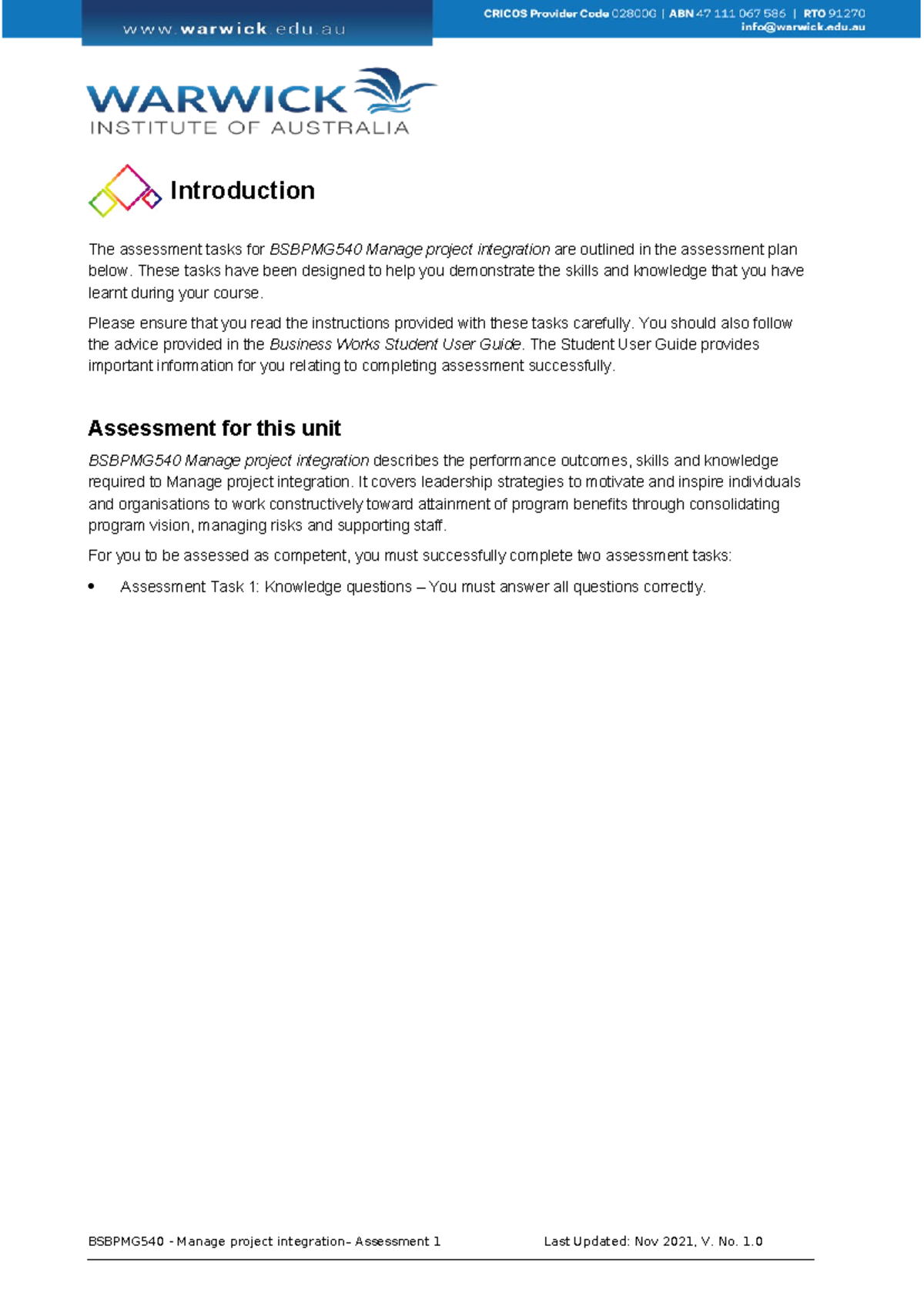 Assessment Task 1 - Knowledge Questions for BSBPMG540 Integration ...