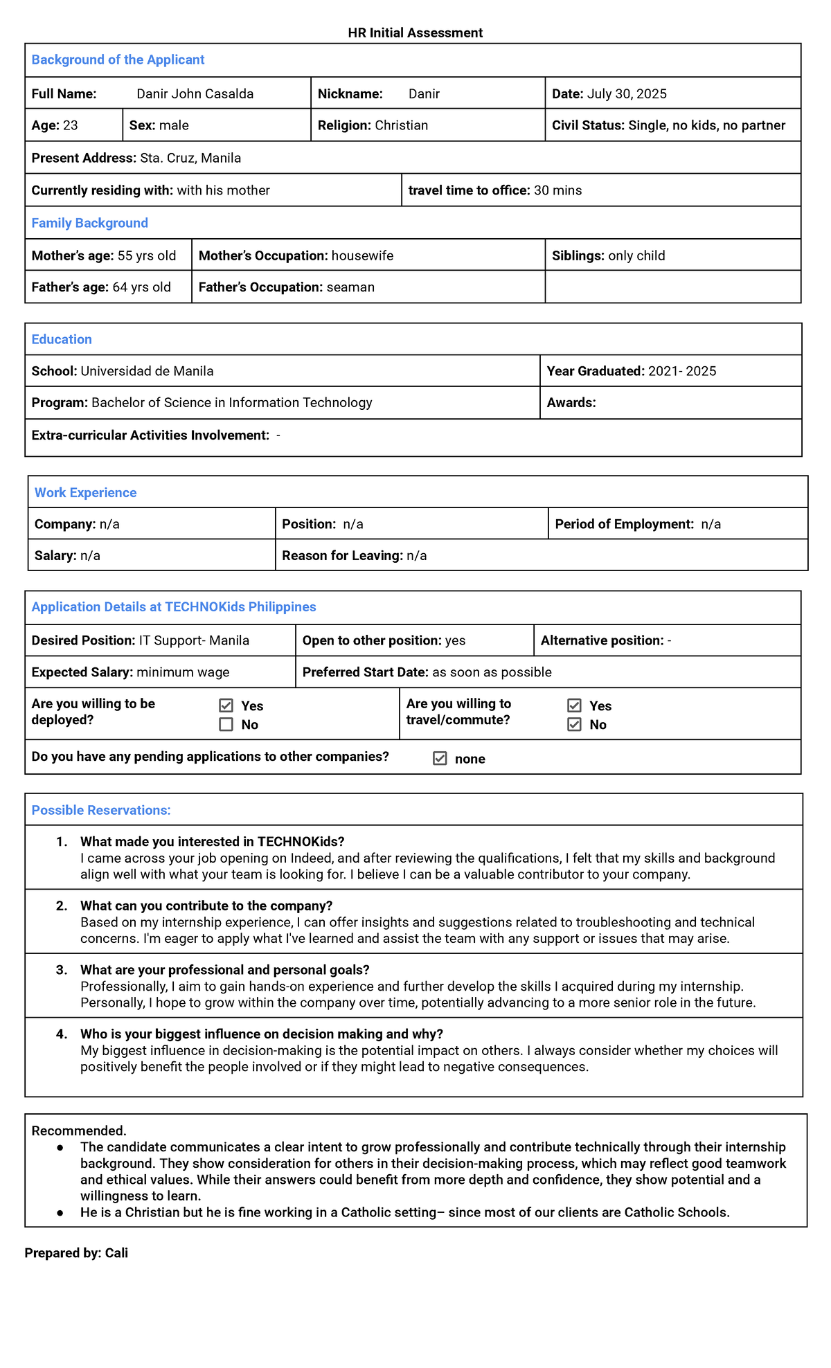 HR Assessment: Danir John Casalda's Application for IT Support Position ...