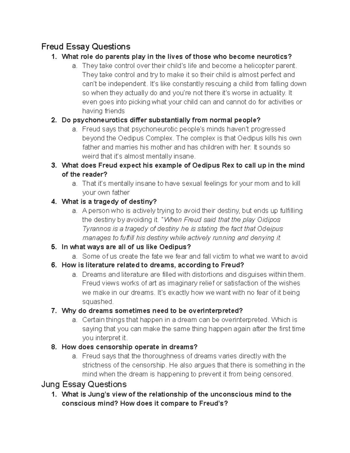 Freud & Jung Essay Questions for English Course: Insights and Analysis ...
