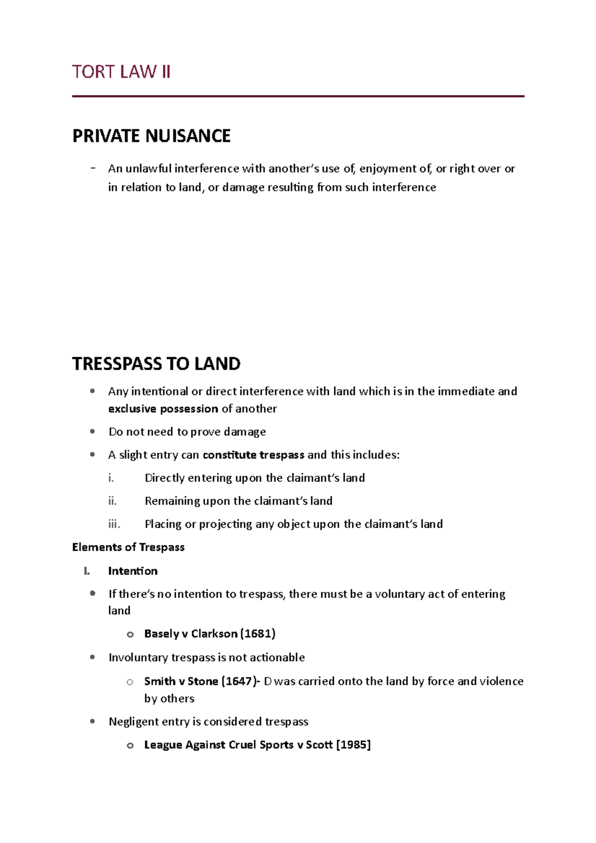 Law of Tort II - Lecture Notes on Trespass to Land - TORT LAW II ...