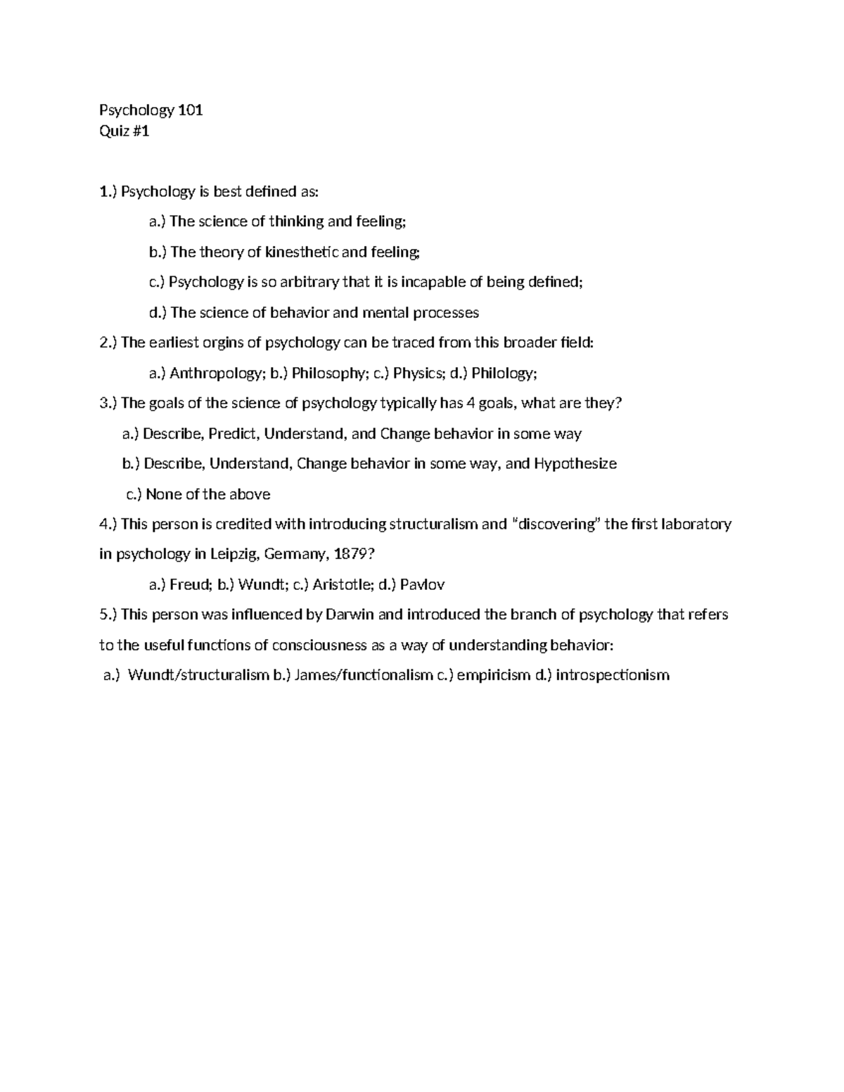 Psychology 101 - Sample Quiz on Core Concepts and Theories - Studocu