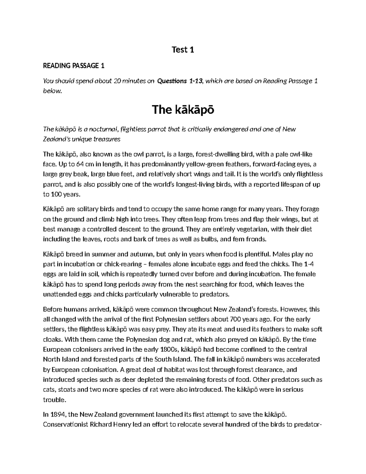 Reading Passage 1: The Kākāpō - A Unique Endangered Parrot (Cam 20 ...
