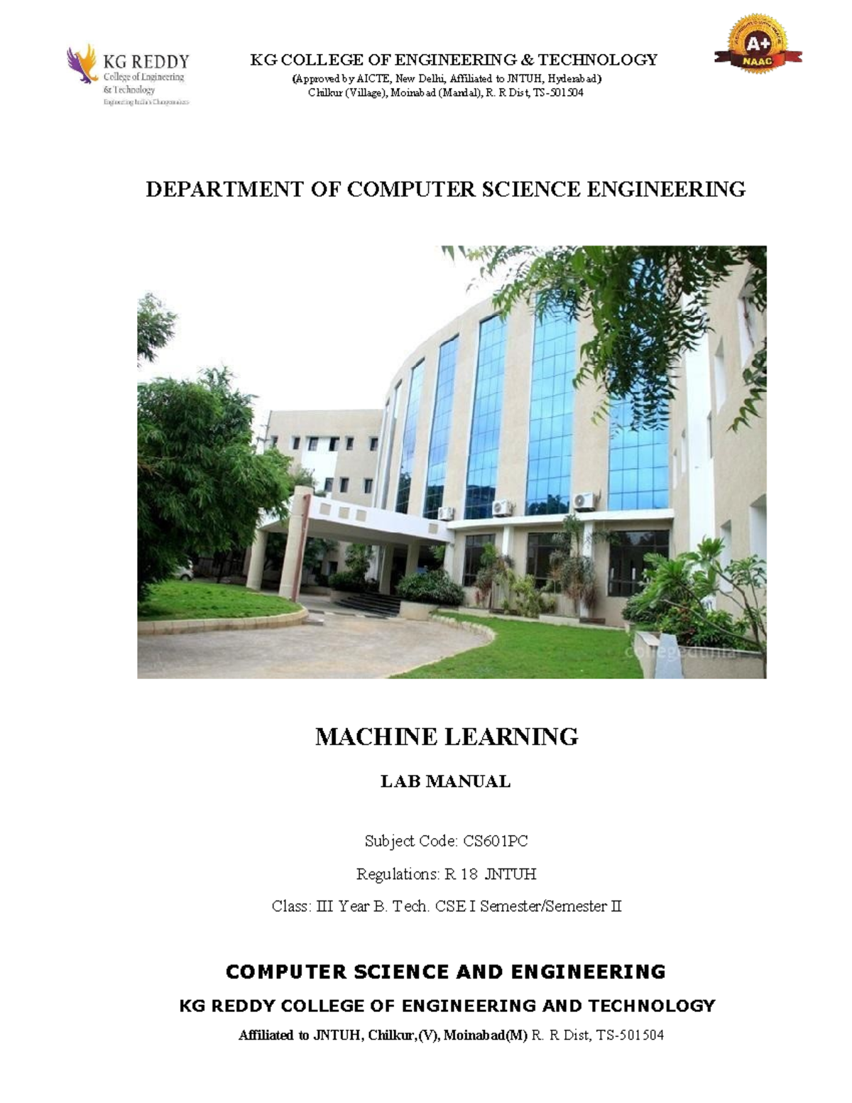 Machine Learning Lab Manual - CS601PC - B.Tech CSE II Year - Studocu