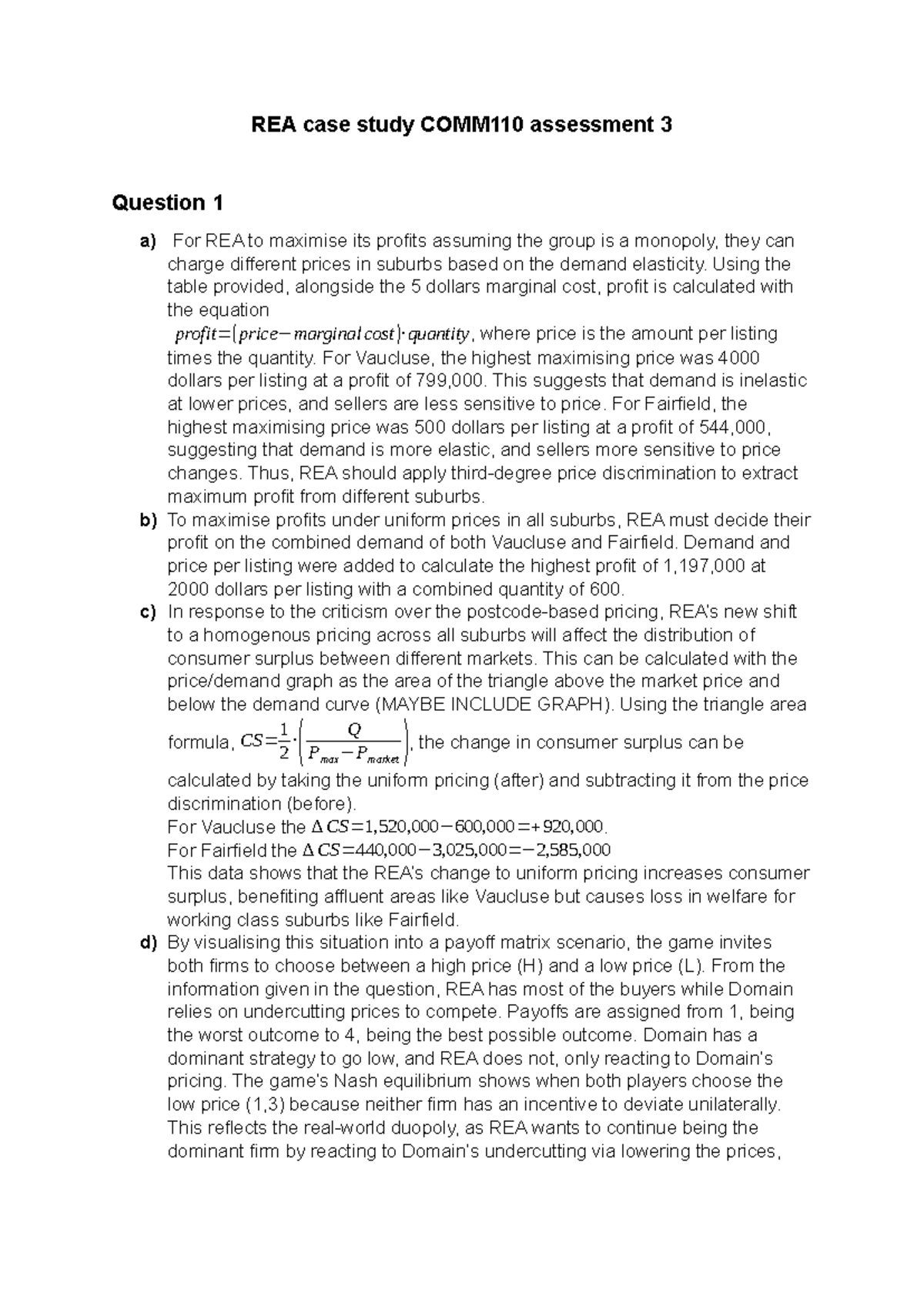 COMM1100 Assessment 3 - REA Case Study Analysis and Pricing Strategies ...