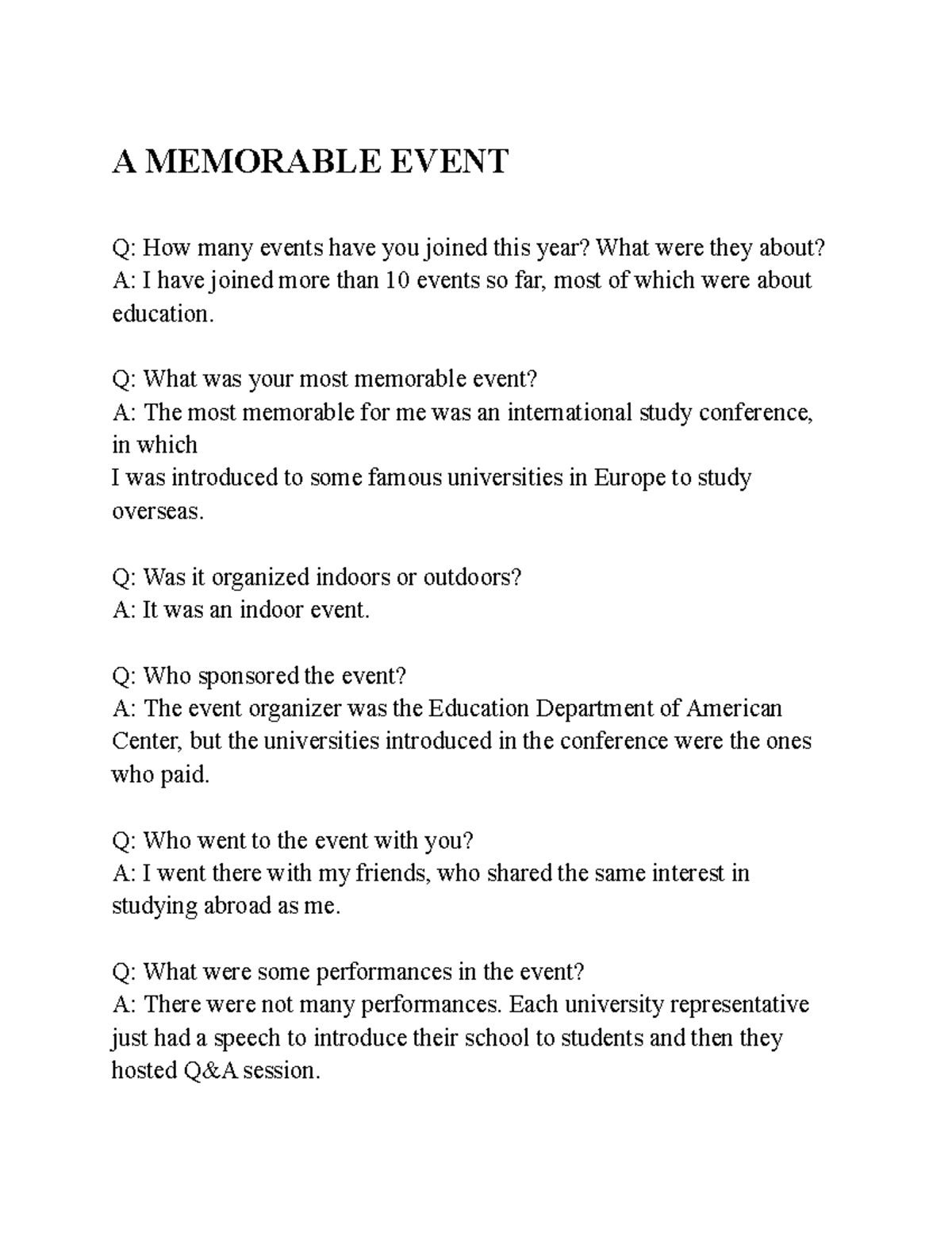 Memorable Event Reflection - Assignments Overview - Studocu