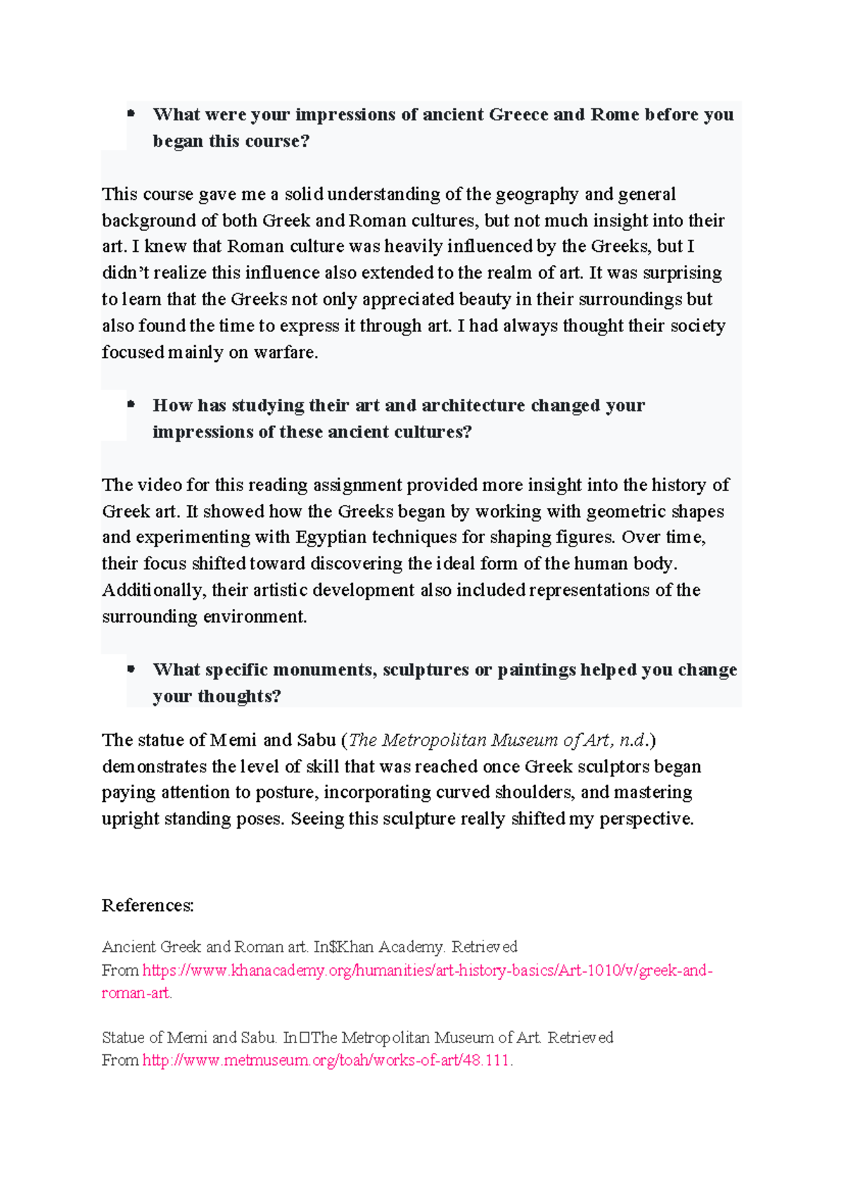 Learning Journal Unit 2: Impressions of Ancient Greece and Rome Art ...