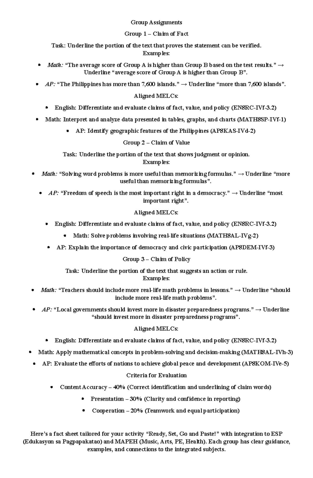 DEMO Group Assignments: Analyzing Claims of Fact, Value, and Policy ...