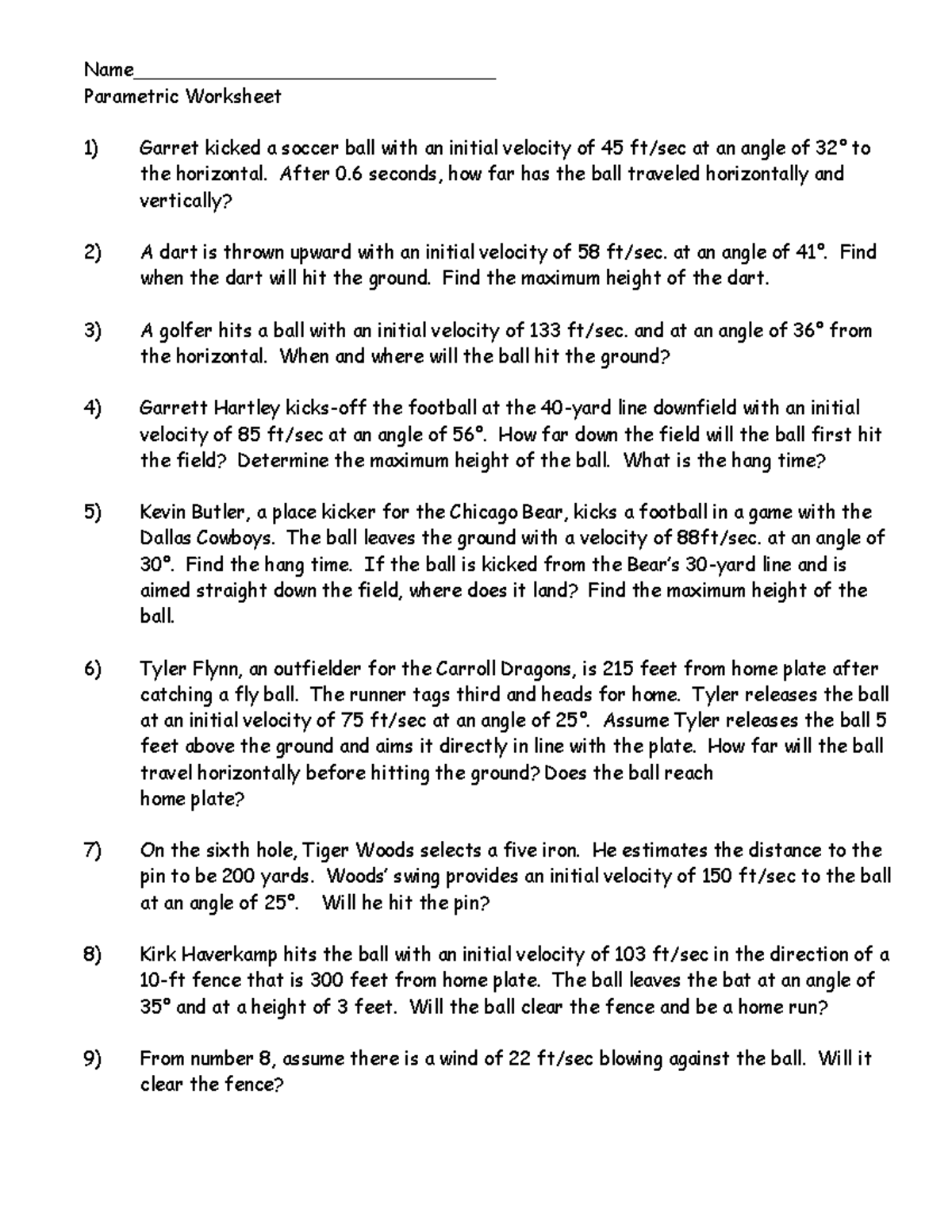 03 Parametric Motion Worksheet: Analyzing Projectile Trajectories - Studocu